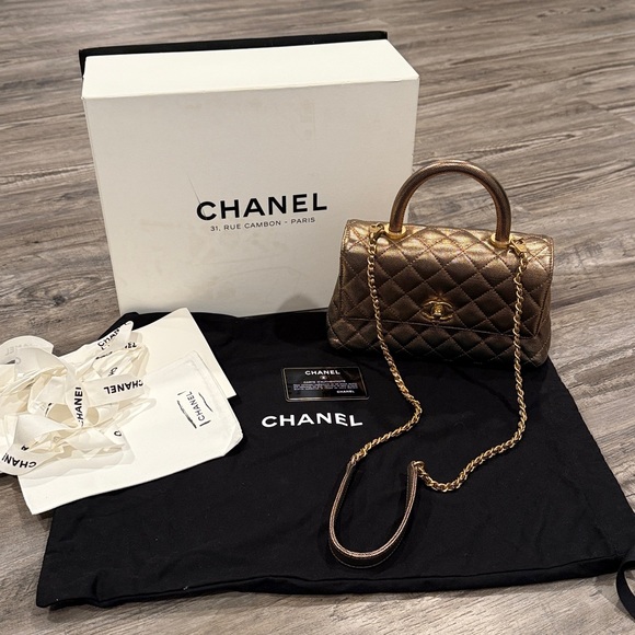 CHANEL Caviar Quilted Mini Coco Top Handle Flap Bag Metallic Gold Hardware - Picture 3 of 16